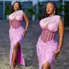Kvinnors spets långa aftonklänningar plus storlek pärlor snörning tyll formell prom party klänningar aso ebi afrikanska stilar slitage