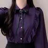 Kvinnors blusar ruffles söta bågs tips tops preppy stil vintage japansk korea designknapp eleganta formella vita skjortor 95a