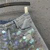 Frauen Jeans Sommer High-taille A-linie Breite bein Hosen Mode Pailletten Ripped Löcher Koreanische Version Dünne Denim Shorts frauen 2023