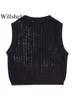 Damesvesten Willshela Damesmode Solid Hollow Out Cropped Gebreide Trui Vest Vintage Oneck Mouwloos Vrouwelijke Chic Lady Tank Tops 231116