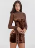 Basic Casual Dresses Sexy Lace Velvet Patchwork Mini Dres Elegant Stand Collar Long Sleeve Bodycon 2023 Lady Chic See Through Party Robe 231116