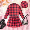 Groothandel geruite driedelige set meisje kraag jas + hoed + hoge taille geplooide rok outfit kinderpak