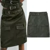 Skirts Midi Pocket Skirt For Women 2 Pieces Sets Chic Mid-Rise Straight Lady Pockets Self-Belt Knee-Length Suits