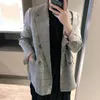 女性のスーツ女性ブレザー格子縞のジャケットワークオフィスレディスーツスリムダブル胸のコート女性ビンテージノッチカラーフェミニノP19ブレザー