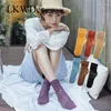 LKWDer – chaussettes en coton pour femmes, 1 paire, mode, couleur unie, doux, Sexy, dentelle ajourée, maille longue, fine, japonaise, Meias