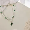 Pendant Necklaces 2/piece Suit Emerald Stone Cross Necklace Pearl Beads Strand Short Clavicle Chain Jewelry Gift For Women