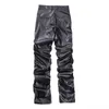 Pantalons pour hommes Hip Hop Hommes Plissé Pu Pantalon En Cuir Harajuku Rétro Streetwear Lâche Froncé Pantalon Décontracté Droite Couleur Unie Pantalon Noir J231116