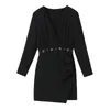 Vestidos casuais 2023 plissado mini para mulheres vestido de escritório preto mulher cintura ilhós envoltório outono manga longa feminino