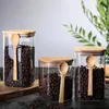 Pot en verre de bouteilles de stockage avec la boîte hermétique de nourriture de cuillère de couvercle en bambou