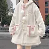 Women's Wool Blends LOliBook Woolen Coat Women Winter Cardigan Hooded Cute Kawaii Pink Lolita Coats Female Lamb Cotton Padded Embroidered Jacket 231116