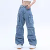 Jeans da donna Tasca tinta unita Salopette Jeans Donna Y2K Street Retro Salopette ampia con gamba larga Coppia Casual Joker Mopping Jeans Pantaloni Donna 231116