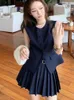 Women s Suits Blazers Korean Fashion Summer Pleated Skirt 2 Piece Set Women Elegant Sleeveless Button Tops Wide Leg Pants Y2k Casual Outfits 231116