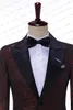 Herrdräkter mode blazer mäns kostym mörka rött jacquard tyg svart toppade lapel casual business set groom jacka smal fit en bit