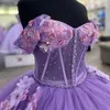 Lilac Illusion Pearls Beading Ball Gown Quinceanera Dresses Off The Shoulder 3D Flowers Applicies Corset Vestidos de 15 Anos 2024 322