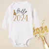 Rompers Hello 2024 born baby jumpsuit long sleeved this is my first Year boy girl Ropa costume 231115