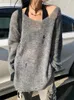 Suéteres de mujer Suéter gótico Harajuku Mujeres sueltas Tops perezosos Y2K Emo Alt Gris Agujero Punto Protección solar Ropa exterior Jersey Estético