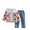 Clothing Sets 2023 Spring Autumn 3PCS Girls Set Cartoon Bear Sweater Coat Long Sleeve Shirt Washed Jeans Pants Baby Clothes