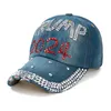 Diamond Denim Trump Hats Adjustable USA Flag Donald Trump Letter Baseball Cap 2024 American President Fashion Outdoor Cowboy Snapback Hats for Women Men
