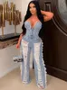 Zweiteilige Damenhose Sibybo Quaste aushöhlen Overalls für Frauen besetzte Diamant trägerlose rückenfreie Jeans Street Fashion Trend Jumpsuite Femme 231116