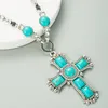 Vintage Personality turquoise Cross Necklaces women multi-layered alloy sweater chain pendant Exaggerated jewelry