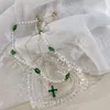 Pendanthalsband 2/bit kostym Emerald Stone Cross Halsband Pärlpärlor Strand Short ClaVicle Chain Jewelry Gift for Women