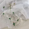 Pendant Necklaces 2/piece Suit Emerald Stone Cross Necklace Pearl Beads Strand Short Clavicle Chain Jewelry Gift For Women