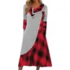 Abiti casual Moda donna Plaid Splice Manica lunga Abito ampio Vacanza al mare Bottone con scollo a V Vestito estivo