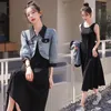 Work Dresses Summer 2 Piece Dress Set Women Casual Elegant Vintage Blue Short Coats Jackets And Black Midi Korean Clothes Crop Top