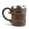 Mugs 450ml Beer Mug Viking Wood Style Coffee Cup Double Wall Resin Stainless Steel Goblet Game Tankard For Christmas Gift