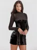 Basic Casual Dresses Sexy Lace Velvet Patchwork Mini Dres Elegant Stand Collar Long Sleeve Bodycon 2023 Lady Chic See Through Party Robe 231116