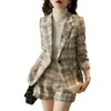 Ternos femininos fino xadrez de lã blazer primavera outono manga longa 2023 tweed moda casual shorts terno feminino