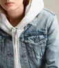 Hoodies femininos britânicos como cabeça de ovelha azul anel de lavagem botão casaco jeans