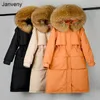 Mulheres Down Parkas Janveny Grande Natural Raccoon Fur Com Capuz Longo Casaco Mulheres Inverno 90% Duck Down Parkas Feminino Espessura Sash Tie Up Jackets 231116