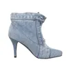新しいファッションボタンスクエアトゥショートブーツ薄いハイヒール秋冬の青いデニム女性靴