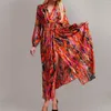 Casual Dresses Bohemian Floral Printed Wrap V Neck Dress for Women Autumn Long Sleeve Elastic Midjeband Birthday Shirts Vestidos