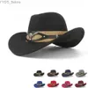 Breda brimhattar hink hattar mode ull kvinnor män ihåliga västra cowboy hatt roll-up wide brebentleman jazz sombrero hombre cap storlek 56-58cm med ko bälte yq231116