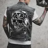 Mens Vests Motorcycle Vest Skull Print Hip Hop Punk Rock Biker Denim Waistcoat Hole Ripped Cotton Sleevless Jean Jacket Coat 231116