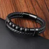 Bracelet Bracelet en perles de pierre volcanique naturelle en cuir tressé en acier inoxydable multicouche pour hommes boucle magnétique