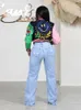 Frauen Jacke Casual Baseball Gedruckt Patchwork Button Up Lose Crop Top Mäntel Herbst Dame Streetwear Bomber Jacke 231116