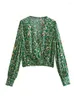 Damen Blusen Tops Frühlingskleidung für Frau 2023 Mode Vintage Print Bluse Langarm Top Crossover V-Ausschnitt Cropped Women