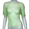 Chemisiers pour femmes Lady Club Cover Up Hollow Out See-through Short Sleeves Shiny Strass Clubwear Sparkling Fishnet Hopping Dancing Top