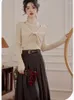 Work Dresses French Retro Two Piece Set For Women Autumn/Winter Plush Bow Bright Silk Knitted Leather Skirt Suit Elegant Fashion Female Belt