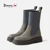 Donna-in moda feminina chelsea botas de luxo camurça vaca dedo do pé quadrado elástico deslizamento na plataforma sola stitchin senhoras meados de bezerro botas