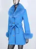 女性は本物の毛皮のコート冬ジャケットをブレンドします女性自然襟カフスベルトカシミアウールレディースアウターウェアストリートウェア231116