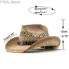 Wide Brim Hats Bucket Hats Men Women's Summer Classic Western Cowboy Str Hat Raffia Hollow Cowboy Hat With Punk Rope Women Western Wide Curling Brim Cap YQ231116