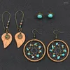 Boucles d'oreilles pendantes bohème creuses attrape-rêves feuille de bois longue pour femmes bijoux bleu pierre naturelle goutte Brincos