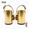 Dress Shoes TRAF Woman High heels Gold Mules Heels for Women Chunky Rhinestone Elegant Heeled Slingback Shoes Modern Office Wedding Pumps 231116