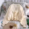Kadın Örgüleri Tees Vintage Kısa Kısa Haltan Knolu Kazak Kadın Üstler İlkbahar Sonbahar V Yastık Uzun Kollu Katı Sweaters Ceket Kadın Giysileri H
