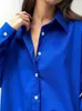 Women's Blouses & Shirts Women Elegant Satin Long Sleeve 2023 Vintage Blue Silk Shirt Female Casual Button Up Tops Spring Chic OutwearWomen'