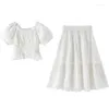 Giyim setleri kızlar jakard dantel elbise iki parçalı set 2023 yaz büyük çocuklar Kore moda yabancı stil prenses beyaz